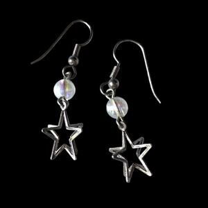 3D stars silver tone fish hook earrings with iridescent bead accent